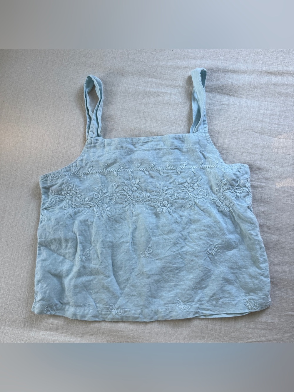 Vintage Via Vai by Pollero Powder Blue 100% Linen Embroidered Tank Top L Boho
